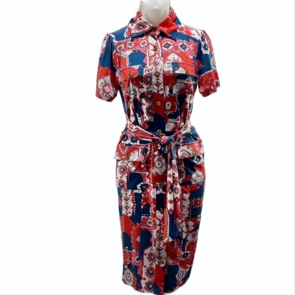 Tracy Negoshian Red & Blue Short Sleeve Collared Dress L - Picture 13 of 14
